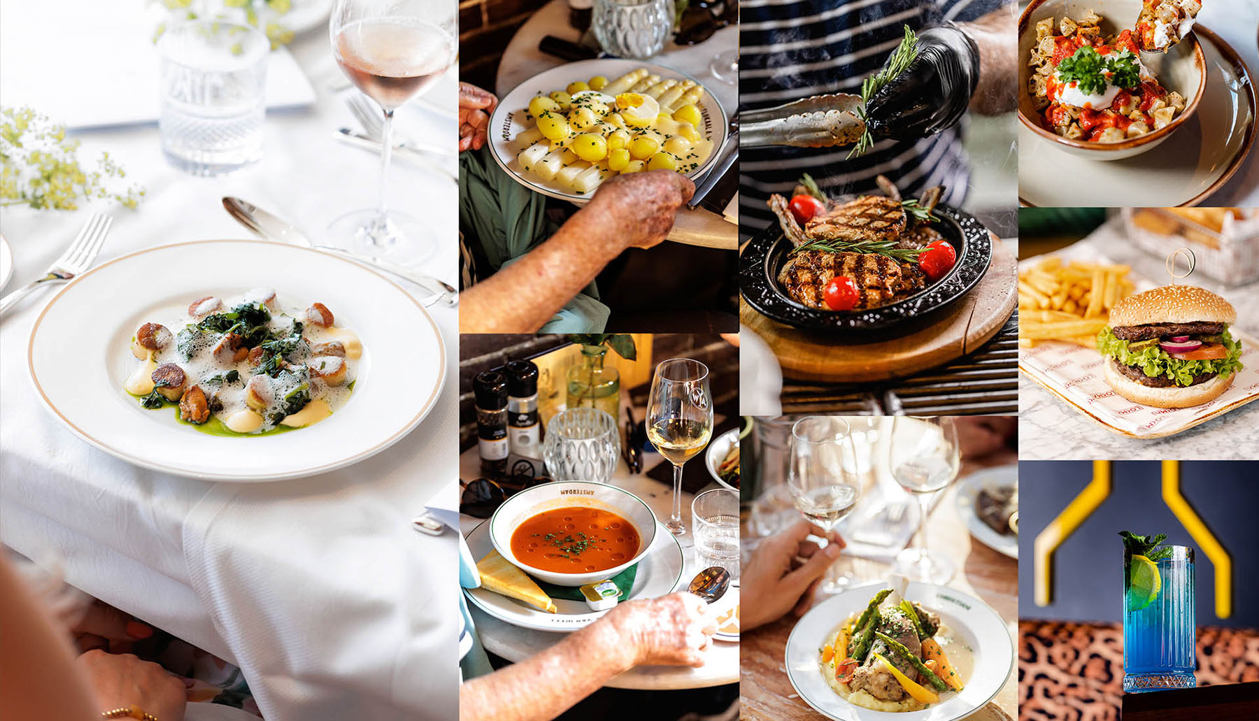 Sfeervolle collage van verschillende gerechten met warme tonen, texturen en stijlvolle presentatie.