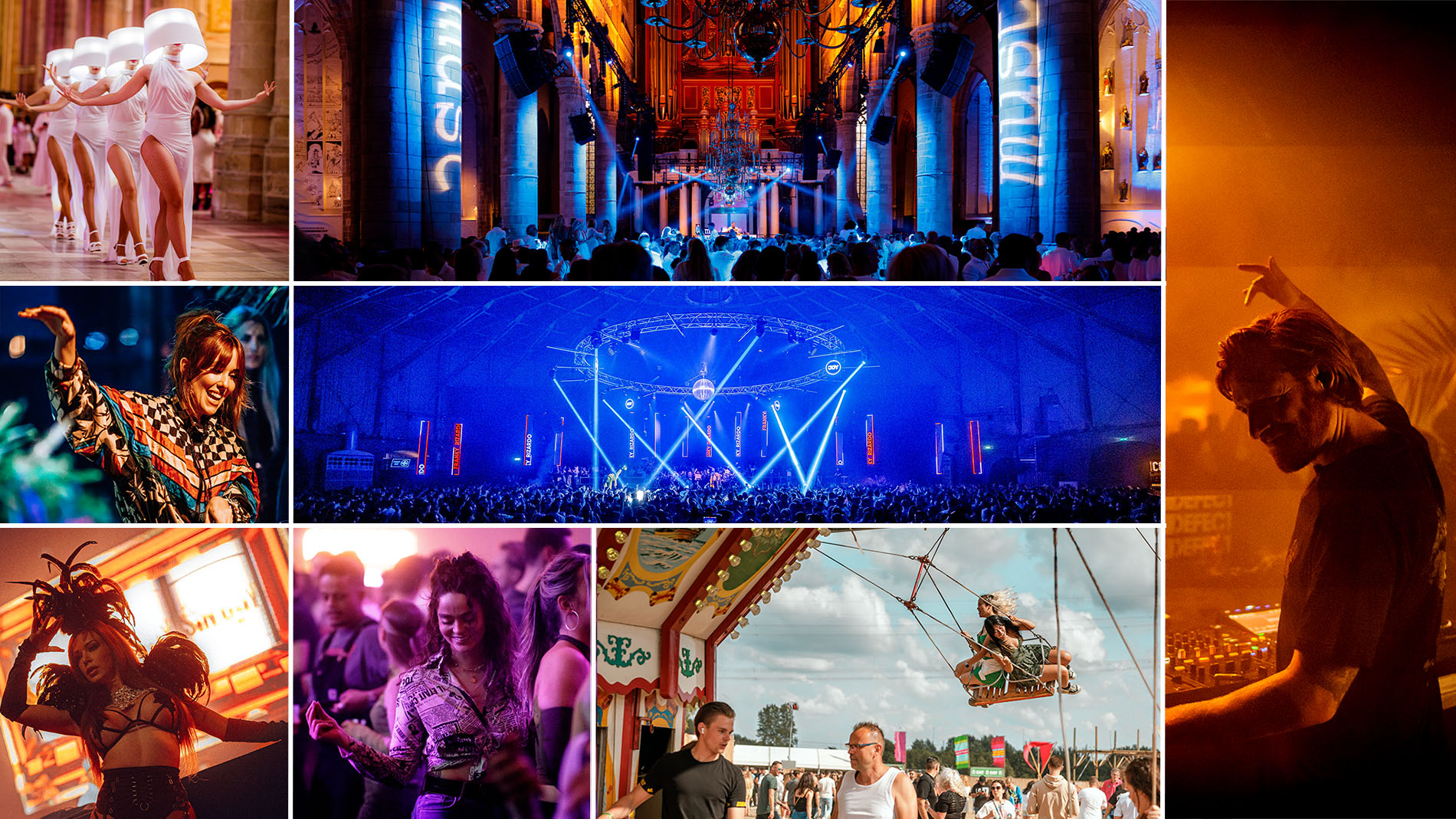 Nightlife & festival fotografie collage – levendige sfeer en lichtspel Collage van nightlife- en festivalfoto’s met kleurrijke verlichting en energieke sfeer