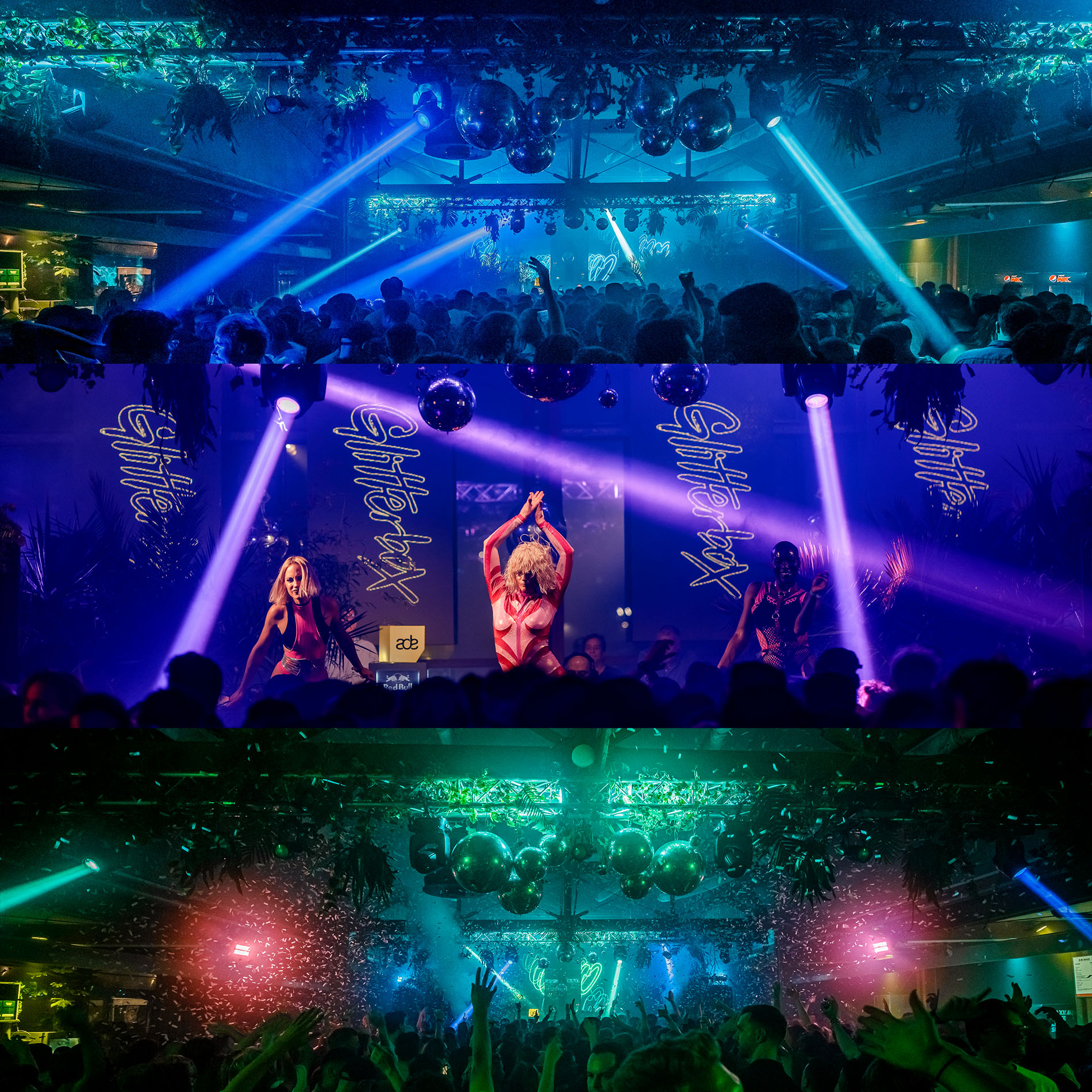 Glitterbox ADE nightlife fotografie – overzicht van energie en sfeer Overzichtsfoto van Glitterbox ADE club met gasten en sfeervolle nachtleven setting